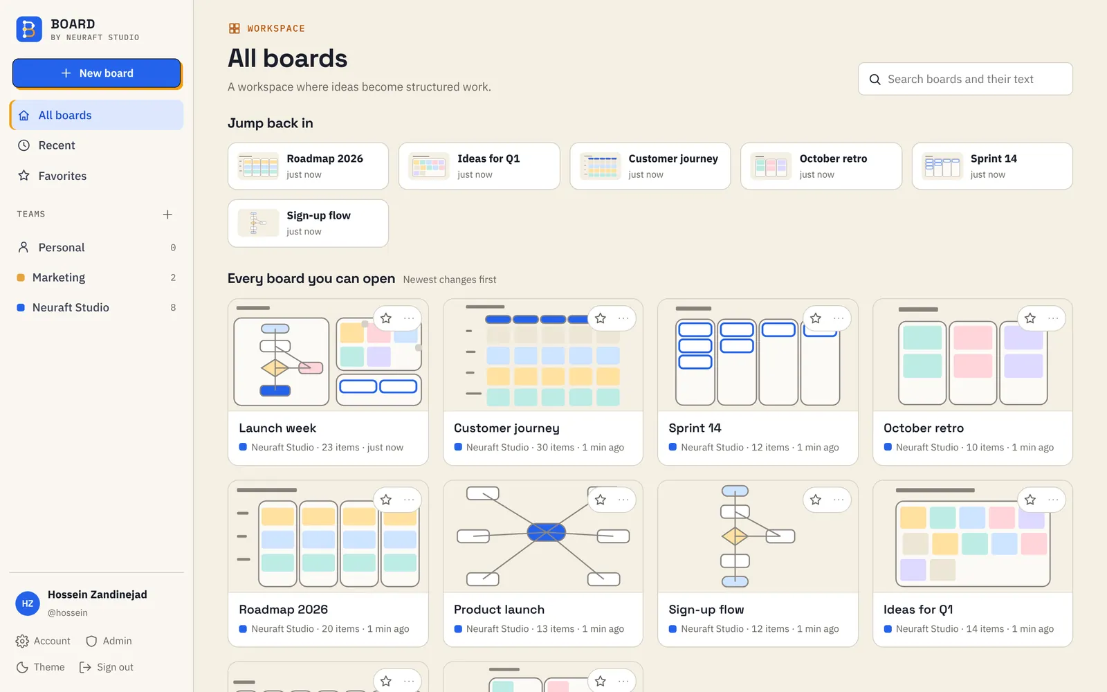 Board home: every board with a live preview