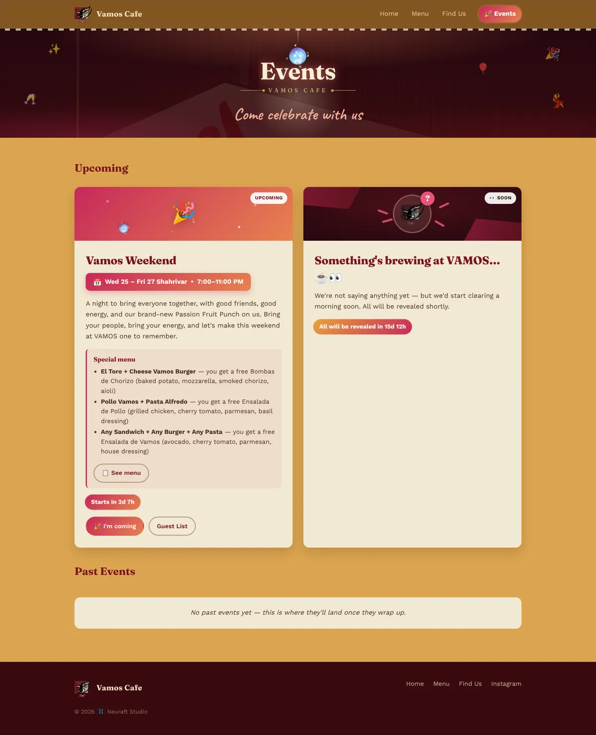 Vamos Cafe events page with live countdowns