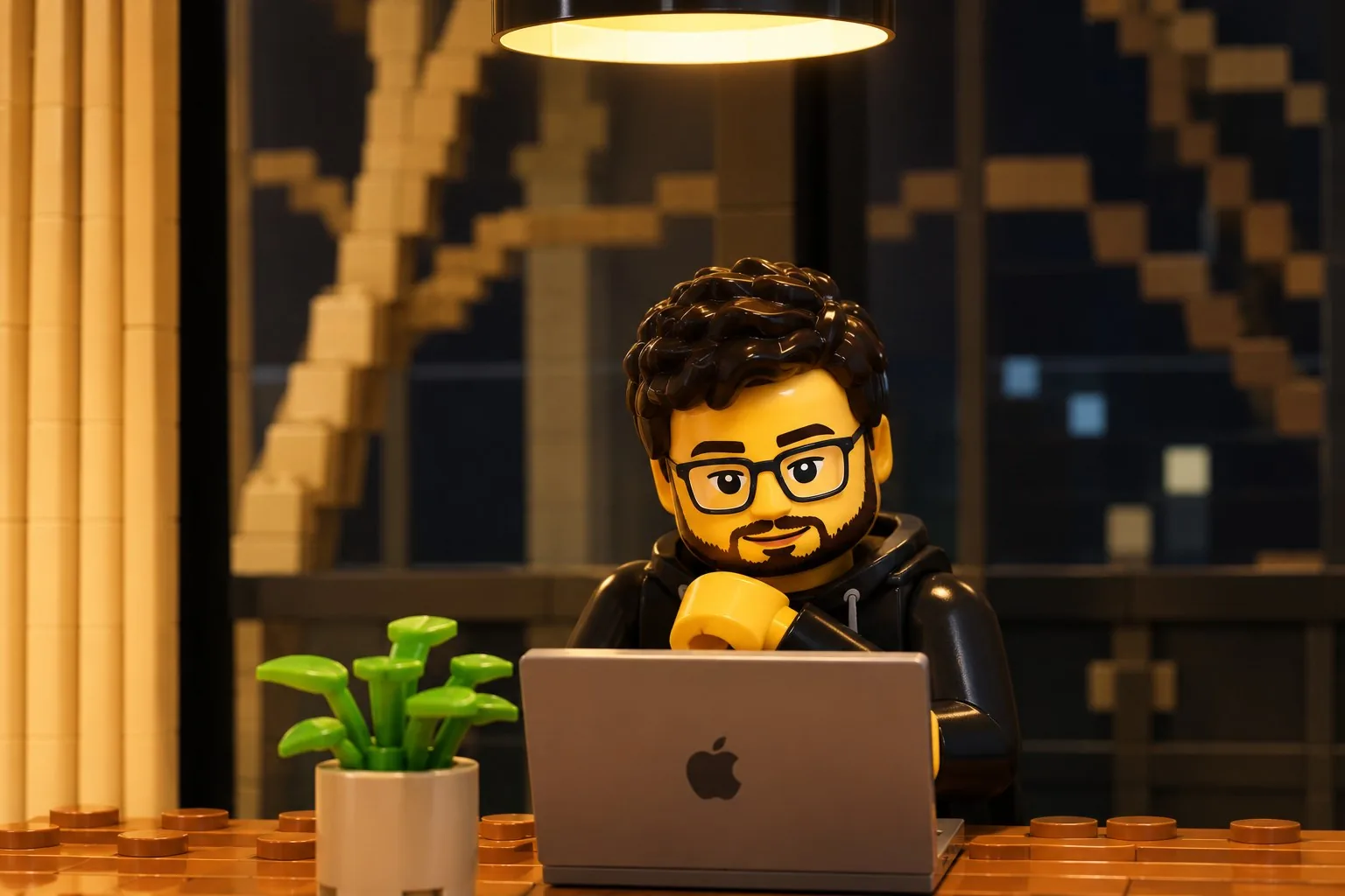 Hossein Zandinejad, founder of Neuraft, as a LEGO-style figure at his laptop