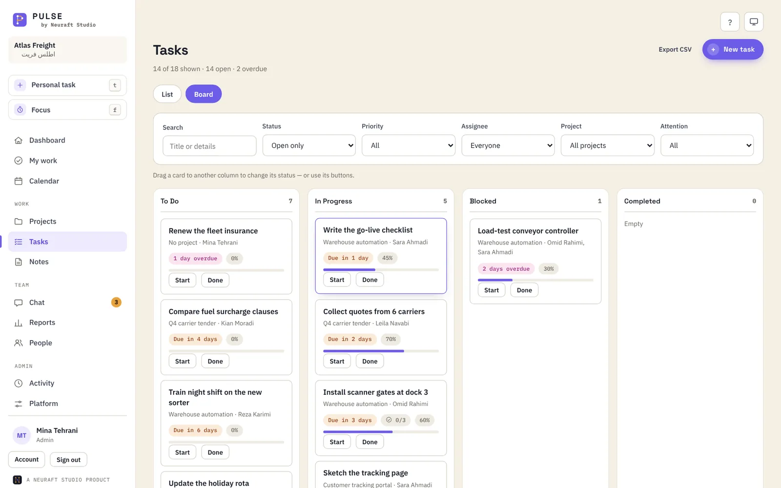 Task board with To do, In progress, Blocked and Completed columns