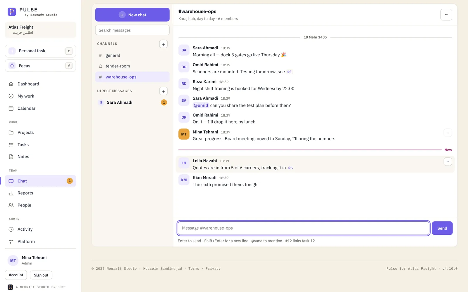 The #warehouse-ops channel with mentions and task links