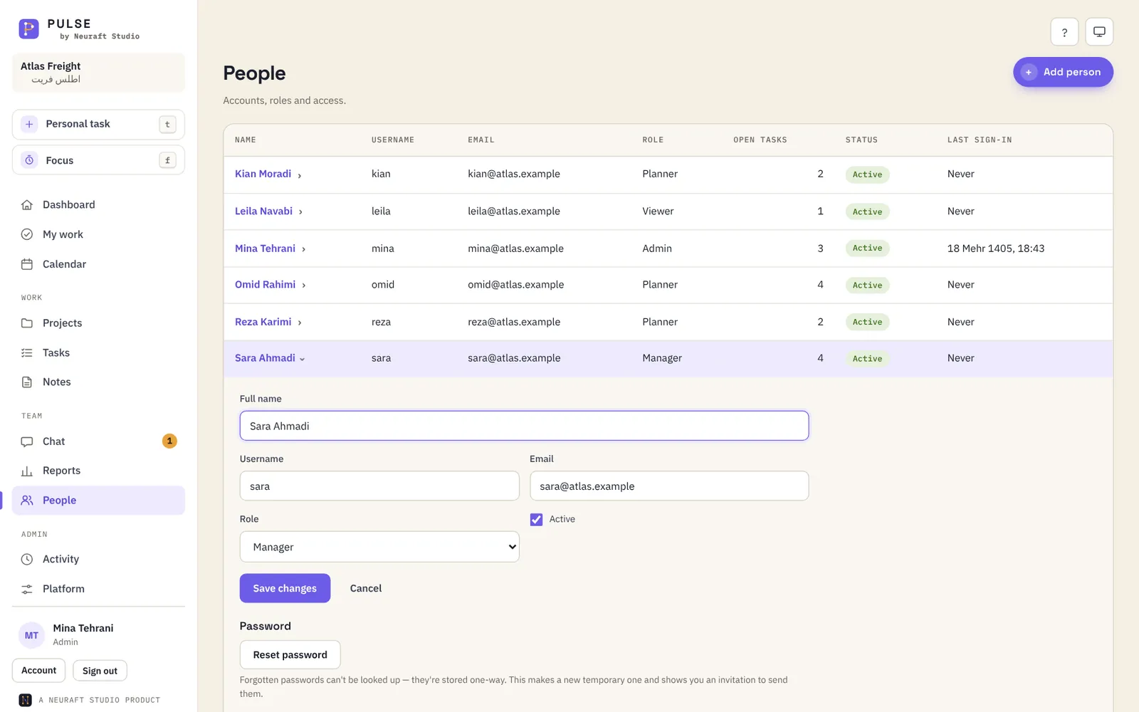People page with a person's details open in the table